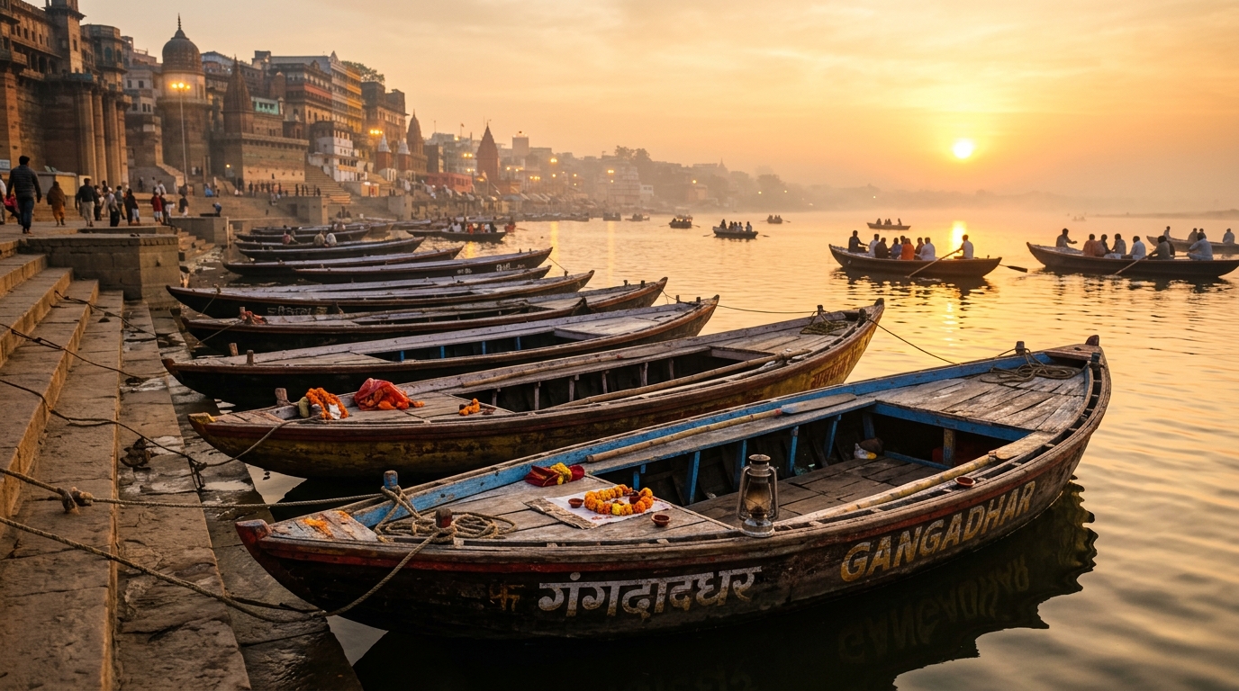 Rowing boats on the river Ganga at sunrise