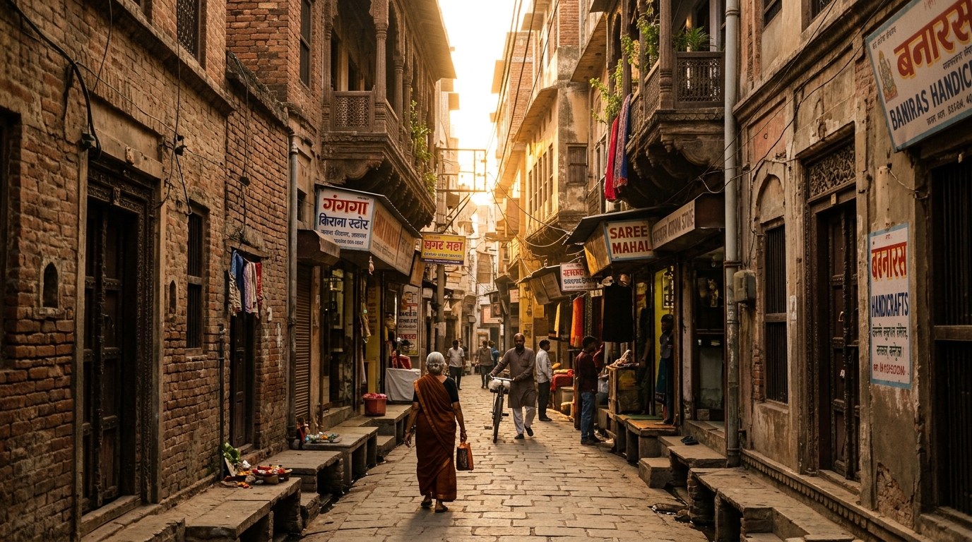 Narrow street in the historic old city of Varanasi